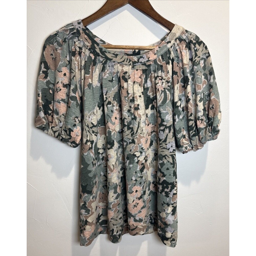 Maeve by Anthropologie Meadow Floral 100% Linen Puff Sleeve Women's Size Small